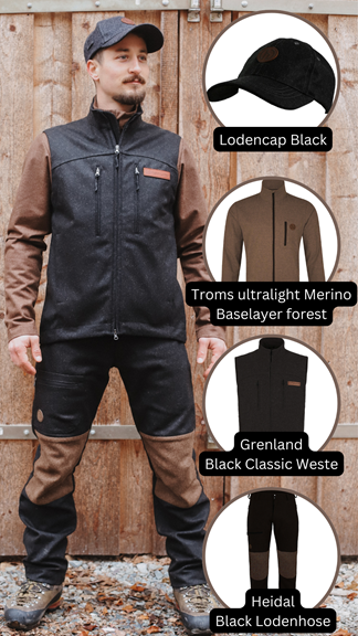 Hedlund Kombi: Cap, Troms BaselayerForest, Grendland Black Weste, Heidal Black Hose