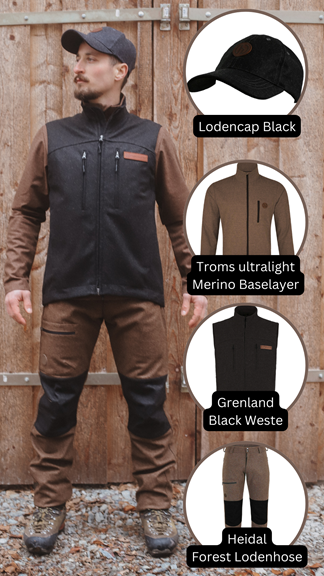 Hedlund Kombi: Cap, Troms Baselayer Forest, Grenland Black Weste, Heidal Forest Hose
