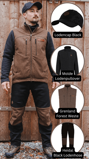 Hedlund Kombi: Cap, Molde Pullover, Grenland Forest Weste, Heidal Black Hose