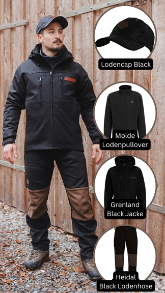 Hedlund Kombi: Cap, Grenland Black Jacke, Heidal Black Hose